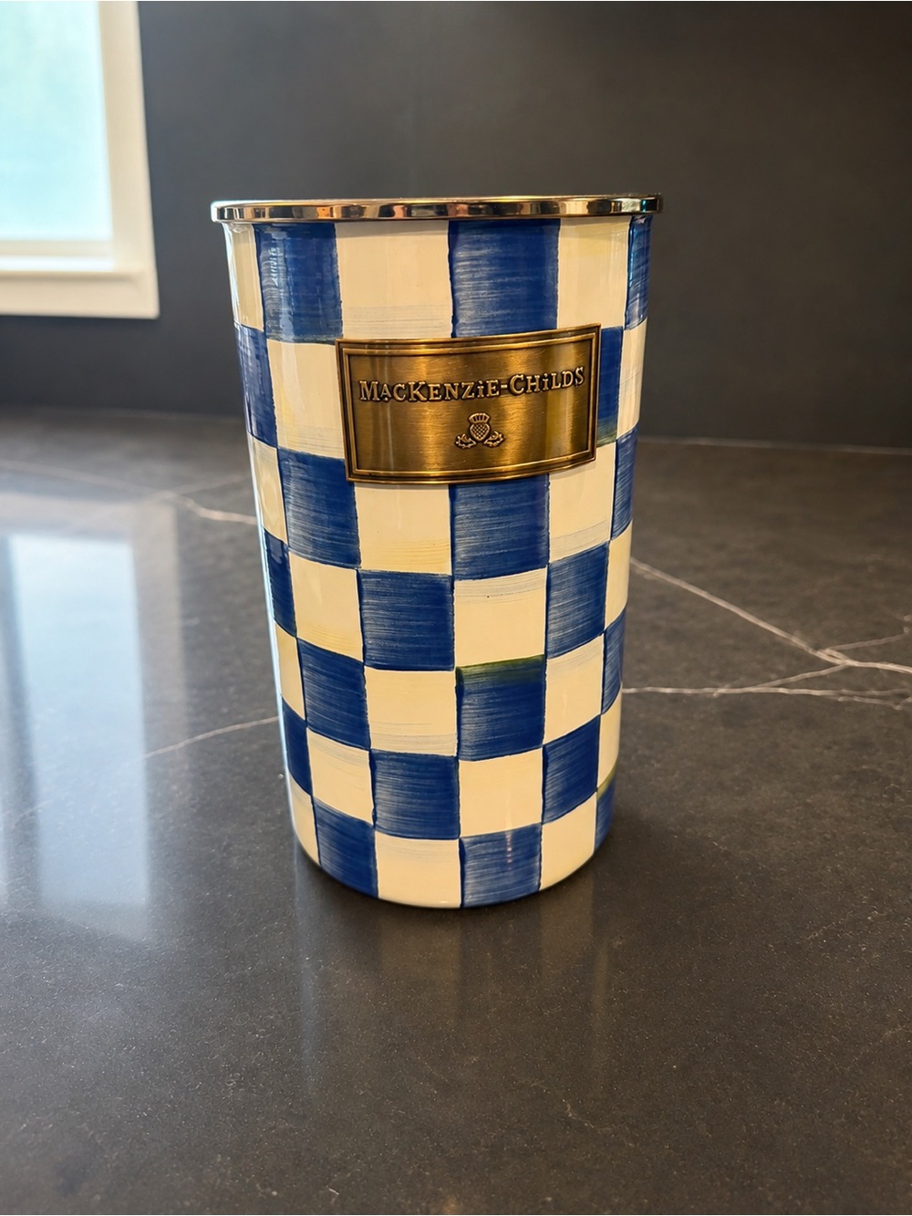 Mackenzie-Childs Blue & White Check Ceramic Utensil Holder